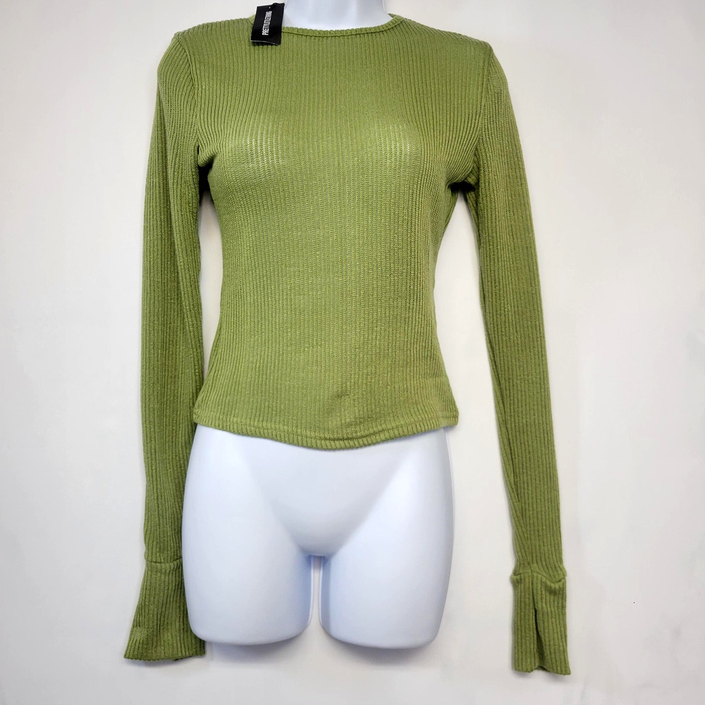 PrettyLittleThing Knit Top Womens 6 Green Sheer Rib Long Sleeve‎ Flared Cuff New